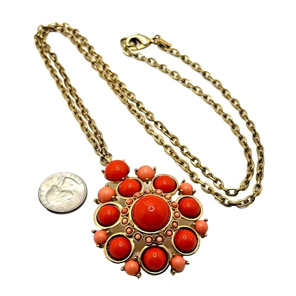 BANANA REPUBLIC Coral Orange Amulet Pendant Necklace Statement Long Boho 36